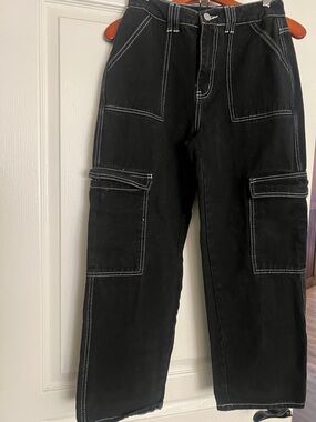 SHEIN Black Cargo Boyfriend Jeans with White Contrast Stitching